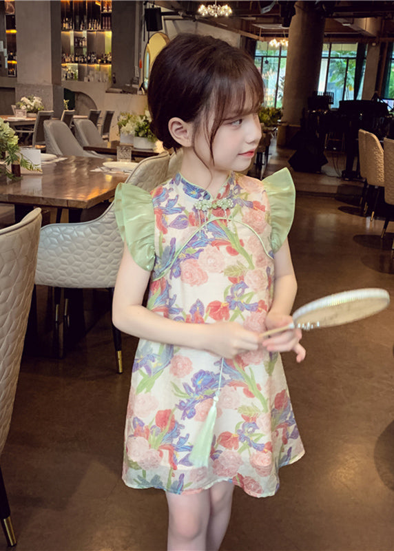 Unique Green Stand Collar Print Button Girls Mid Dresses Sleeveless MN028 MM-RCTZ-SDGM240701