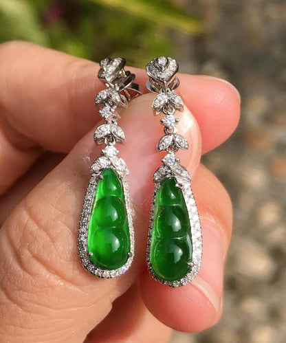 Unique Green Sterling Silver Inlaid Zircon Jade Peanut Drop Earrings AC1067 Genistyle Shop