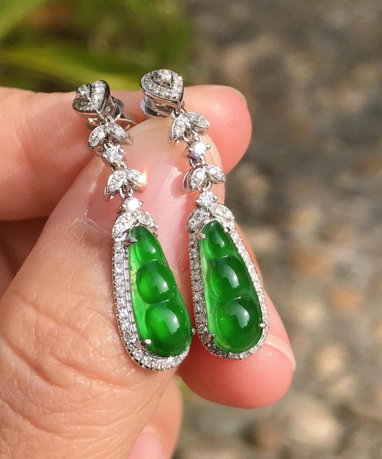 Unique Green Sterling Silver Inlaid Zircon Jade Peanut Drop Earrings AC1067 Genistyle Shop