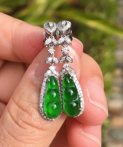 Unique Green Sterling Silver Inlaid Zircon Jade Peanut Drop Earrings AC1067 Genistyle Shop