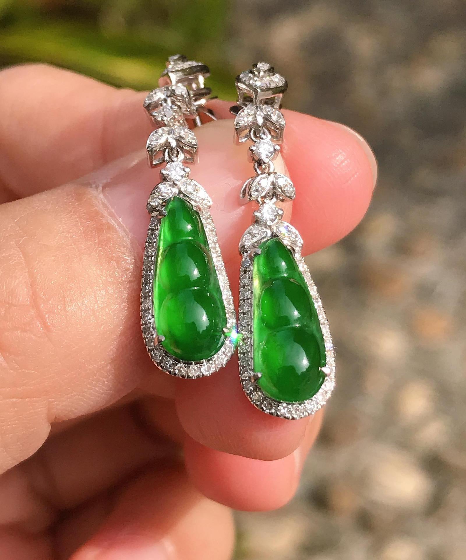 Unique Green Sterling Silver Inlaid Zircon Jade Peanut Drop Earrings AC1067 Genistyle Shop