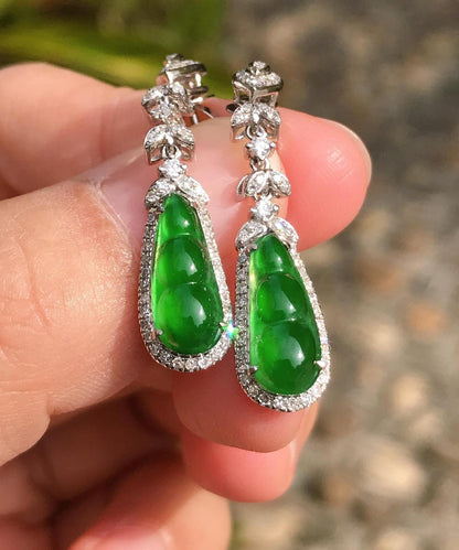 Unique Green Sterling Silver Inlaid Zircon Jade Peanut Drop Earrings AC1067 Genistyle Shop