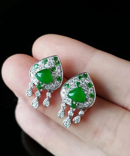 Unique Green Sterling Silver Zircon Icy Species Chalcedony Tassel Stud Earrings WO005 JEW-EAR241109