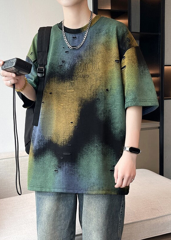 Men Dye Unique T Tie Summer Shirt Green Hole Cotton FashionChic