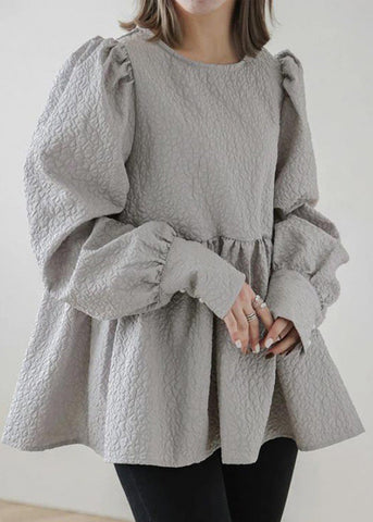 Unique Emboss Tops Blouse Up Cotton Back Fall Grey Lace FashionChic