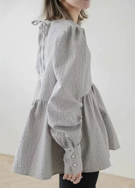 Unique Emboss Tops Blouse Up Cotton Back Fall Grey Lace FashionChic