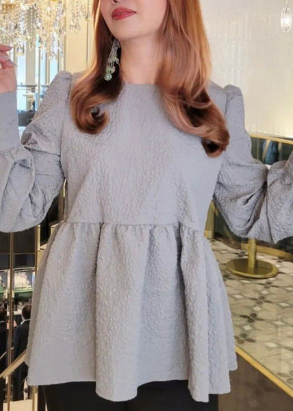 Unique Emboss Tops Blouse Up Cotton Back Fall Grey Lace FashionChic