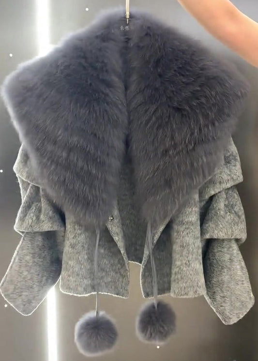 Unique Grey Fur Collar Fuzzy Ball Decorated Woolen Coat Winter RK002 ABC