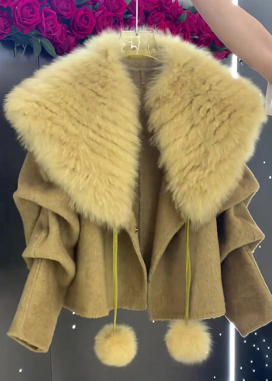 Unique Grey Fur Collar Fuzzy Ball Decorated Woolen Coat Winter RK002 ABC