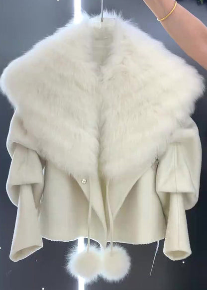 Unique Grey Fur Collar Fuzzy Ball Decorated Woolen Coat Winter RK002 ABC