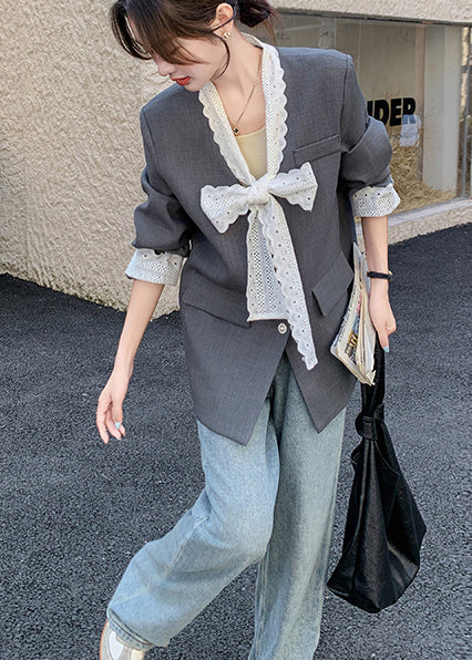 Unique Grey Oversized Patchwork Lace Coats Spring YO17 ABC