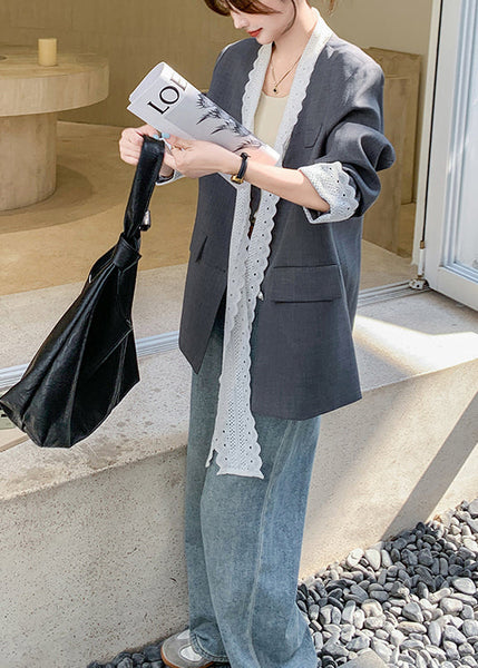 Unique Grey Oversized Patchwork Lace Coats Spring YO17 ABC