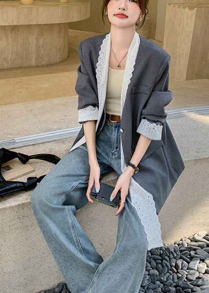 Unique Grey Oversized Patchwork Lace Coats Spring YO17 ABC