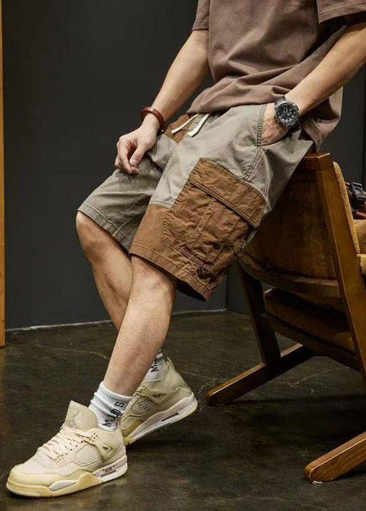 Unique Pockets Elastic Shorts Grey Cotton Waist Patchwork Men FashionChic