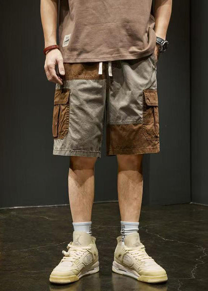 Unique Pockets Elastic Shorts Grey Cotton Waist Patchwork Men FashionChic