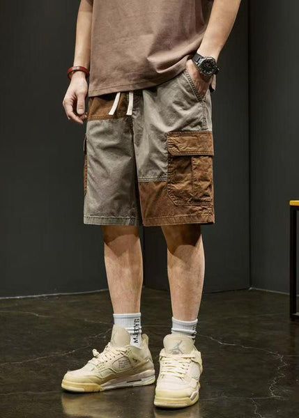 Unique Pockets Elastic Shorts Grey Cotton Waist Patchwork Men FashionChic