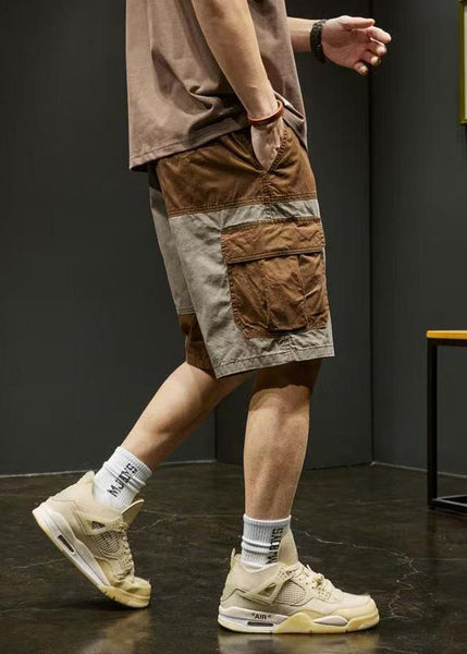 Unique Pockets Elastic Shorts Grey Cotton Waist Patchwork Men FashionChic