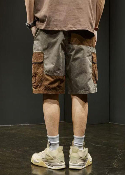 Unique Pockets Elastic Shorts Grey Cotton Waist Patchwork Men FashionChic