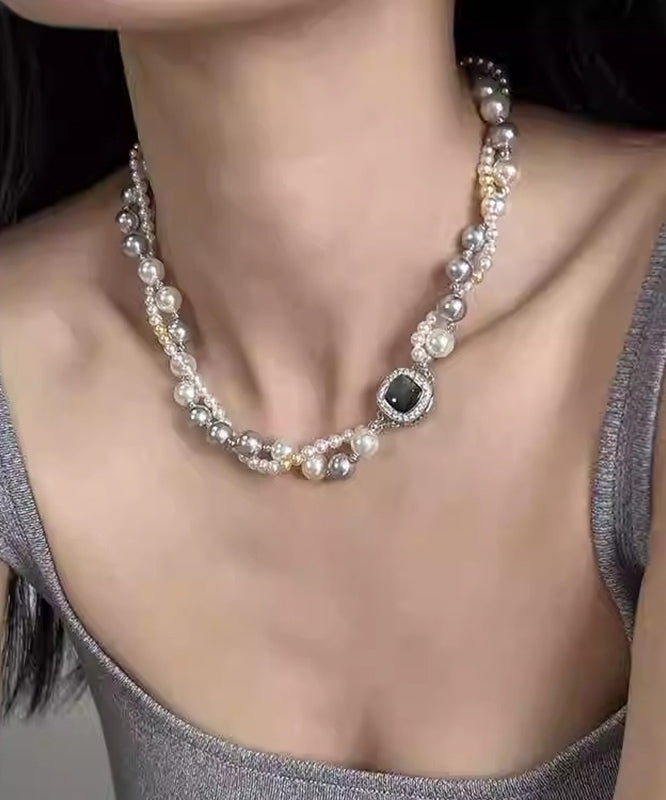 Unique Grey Sterling Silver Alloy Zircon Double Layer Pearl Gratuated Bead Necklace QJ038 JEW-NLC241021