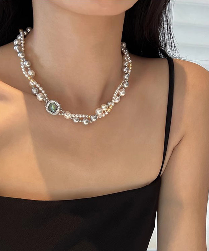 Unique Grey Sterling Silver Alloy Zircon Double Layer Pearl Gratuated Bead Necklace QJ038 JEW-NLC241021