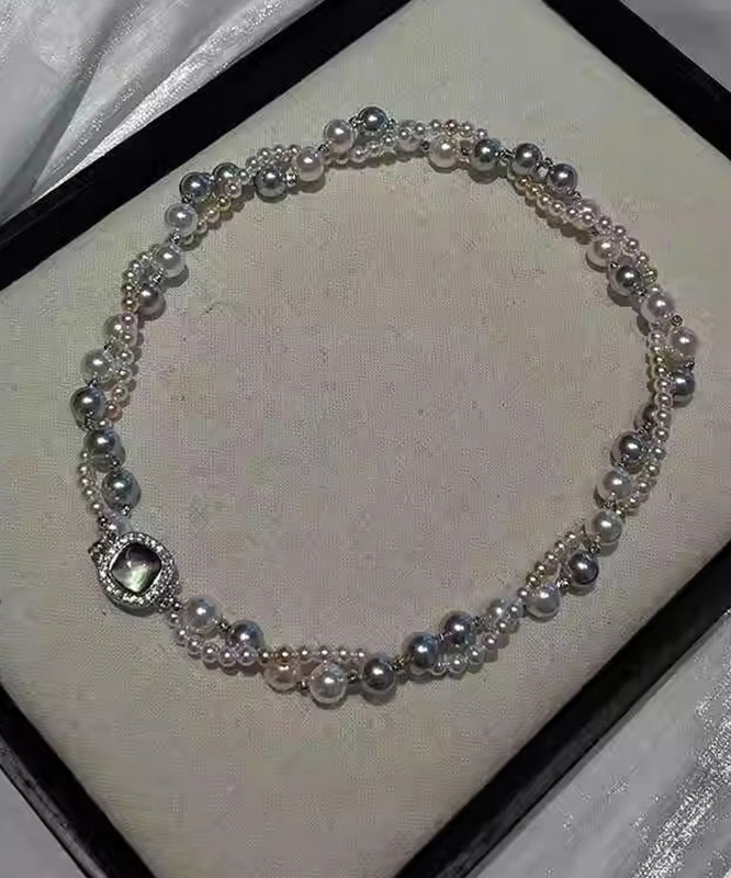 Unique Grey Sterling Silver Alloy Zircon Double Layer Pearl Gratuated Bead Necklace QJ038 JEW-NLC241021