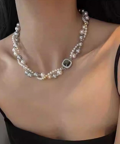 Unique Grey Sterling Silver Alloy Zircon Double Layer Pearl Gratuated Bead Necklace QJ038 JEW-NLC241021