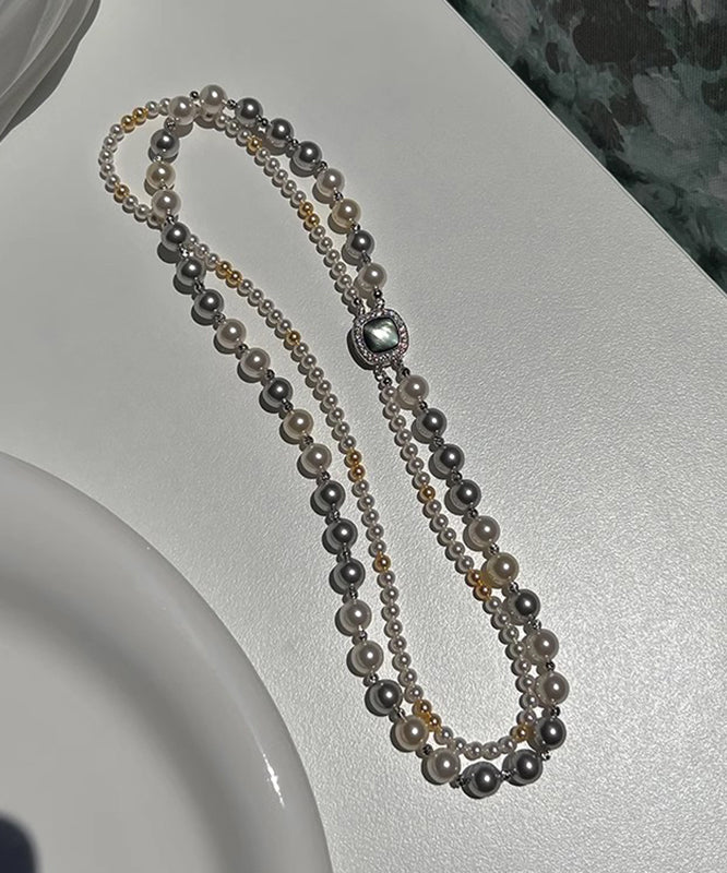 Unique Grey Sterling Silver Alloy Zircon Double Layer Pearl Gratuated Bead Necklace QJ038 JEW-NLC241021