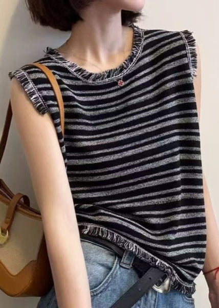 Sleeveless Unique Striped Tank Cotton Tops Tasseled Grey FashionChic