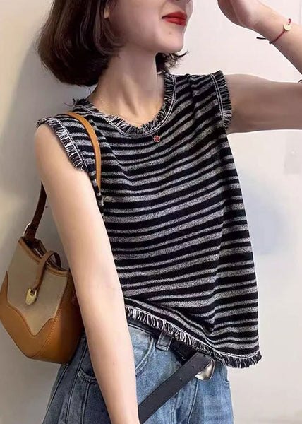 Sleeveless Unique Striped Tank Cotton Tops Tasseled Grey FashionChic