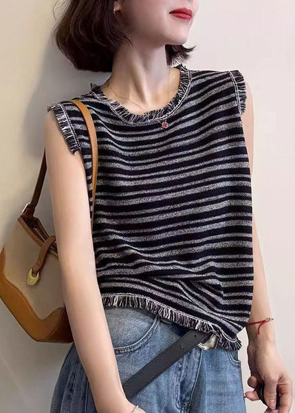 Sleeveless Unique Striped Tank Cotton Tops Tasseled Grey FashionChic
