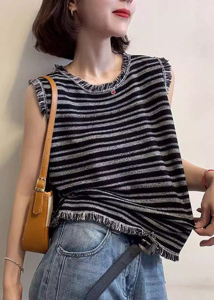 Sleeveless Unique Striped Tank Cotton Tops Tasseled Grey FashionChic