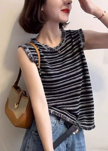Sleeveless Unique Striped Tank Cotton Tops Tasseled Grey FashionChic