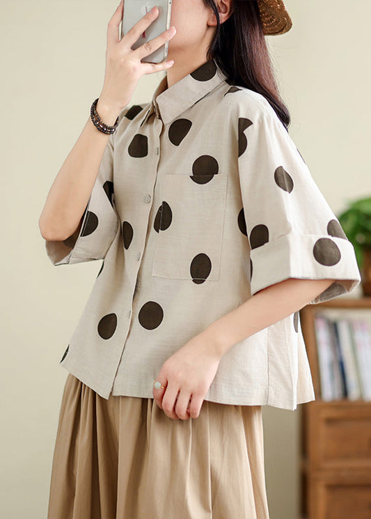 Unique Khaki Oversized Dot Cotton Shirts Half Sleeve TM036 ABC