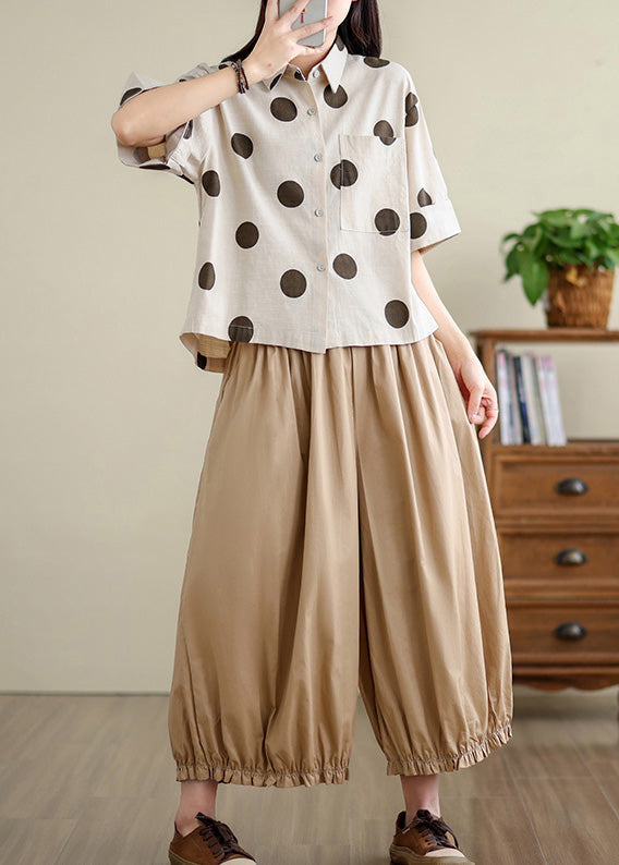 Unique Khaki Oversized Dot Cotton Shirts Half Sleeve TM036 ABC