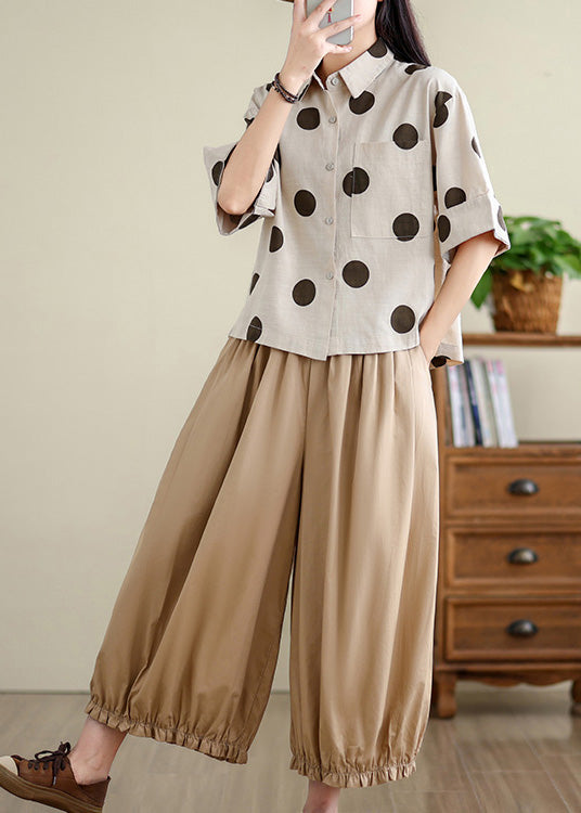 Unique Khaki Oversized Dot Cotton Shirts Half Sleeve TM036 ABC
