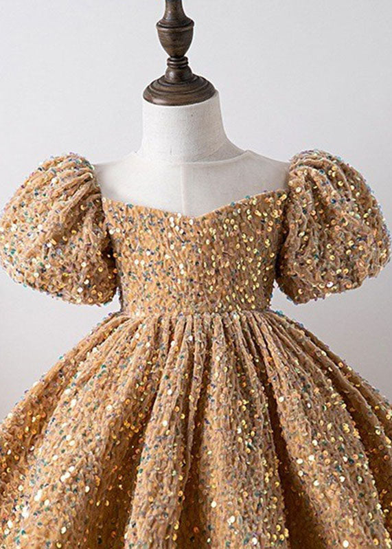 Unique Khaki Patchwork Sequins Kids Long Dress Summer YS012 ABC