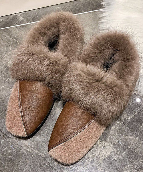 Unique Khaki Penny Loafers Splicing Fuzzy Wool Lined TQ062 ABC
