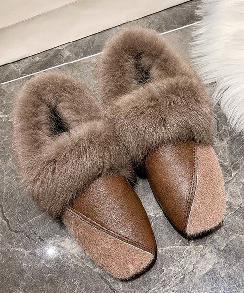 Unique Khaki Penny Loafers Splicing Fuzzy Wool Lined TQ062 ABC