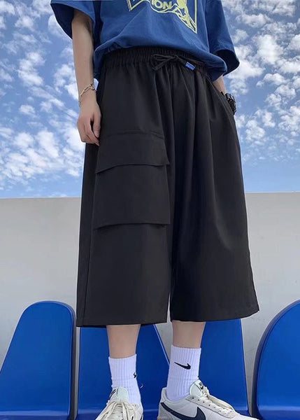 Unique Khaki Pockets Patchwork Elastic Waist Ice Silk Mens Crop Pants YT007 Men-Silk-MENCP240721