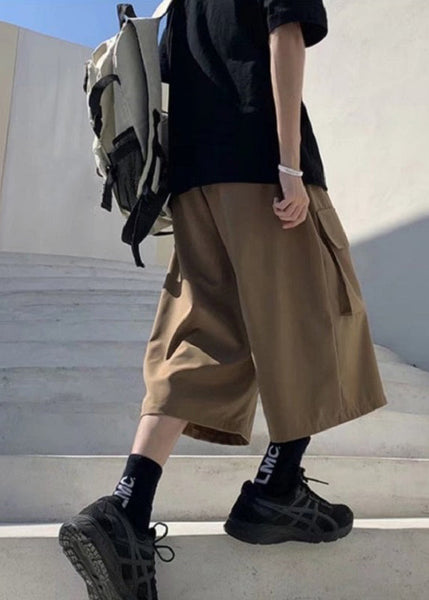 Unique Khaki Pockets Patchwork Elastic Waist Ice Silk Mens Crop Pants YT007 Men-Silk-MENCP240721