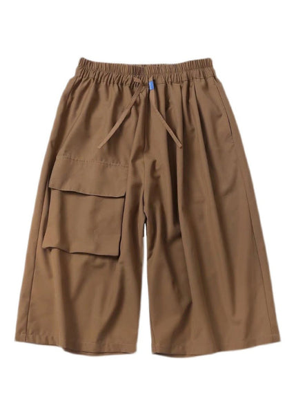 Unique Khaki Pockets Patchwork Elastic Waist Ice Silk Mens Crop Pants YT007 Men-Silk-MENCP240721