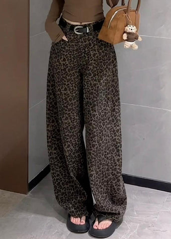 Pants Denim Waist Pockets Leopard Wide Leg High Fall Unique FashionChic