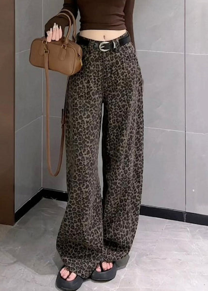 Pants Denim Waist Pockets Leopard Wide Leg High Fall Unique FashionChic