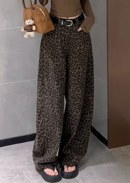 Pants Denim Waist Pockets Leopard Wide Leg High Fall Unique FashionChic