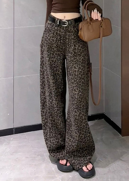 Pants Denim Waist Pockets Leopard Wide Leg High Fall Unique FashionChic