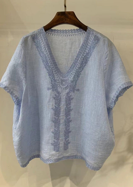 Unique Light Neck Linen Summer Shirt Embroidered V Blue Tops FashionChic