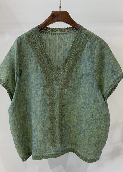 Unique Light Neck Linen Summer Shirt Embroidered V Blue Tops FashionChic