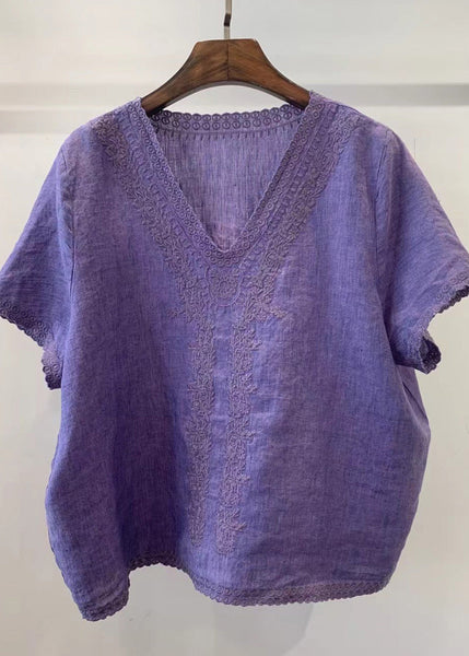 Unique Light Neck Linen Summer Shirt Embroidered V Blue Tops FashionChic