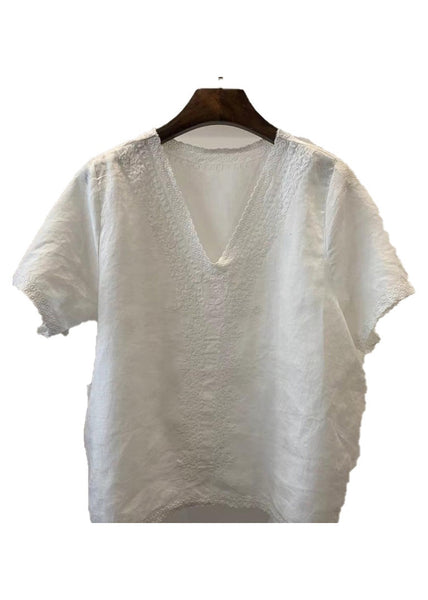 Unique Light Neck Linen Summer Shirt Embroidered V Blue Tops FashionChic