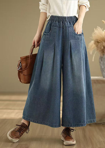 Navy Elastic Waist Summer Leg Wide Pants Unique Wrinkled Denim FashionChic